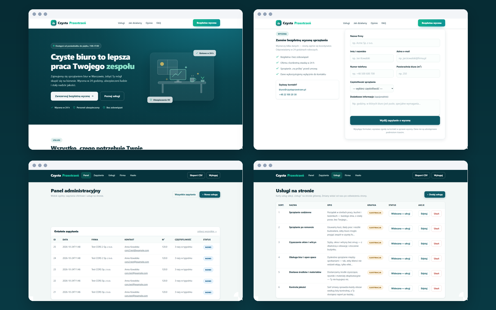 Czysta Przestrzeń website: home page, quote-request form, private administration area and services page